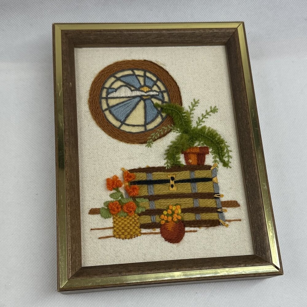 Vintage Framed Sunset Crewel Needlepoint Wall Decor.  Set of 2. - Picture 7 of 8